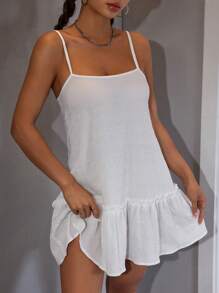 SHEIN PETITE Đầm hai dây rộng rãi màu trơn cho nữ có viền xếp nếp - trắng - Xem 5