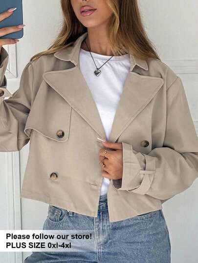 SHEIN EZwear 大码女式休闲时尚翻领双排扣短款风衣