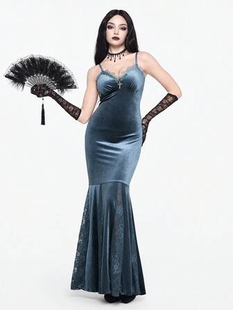 Gothic Palace Style Velvet & Lace Collar Cross Pendant Deep V Waist Fitted Maxi Mermaid Dress For Women, Halloween