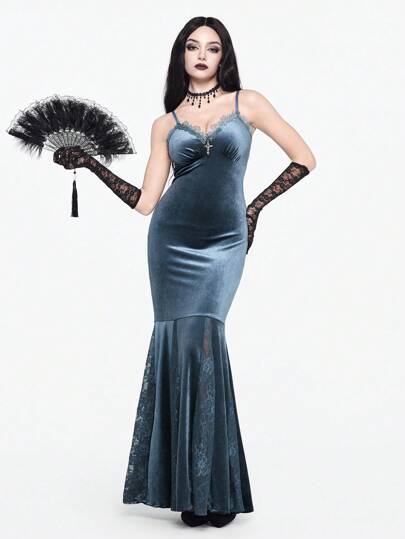 Goth فستان ماكسي مخصر بخصر عميق على شكل ذيل حورية البحر مزين بالأبليك والدانتيل والصليب، طراز قصر جوتيك، للنساء، ليلة الهالوين