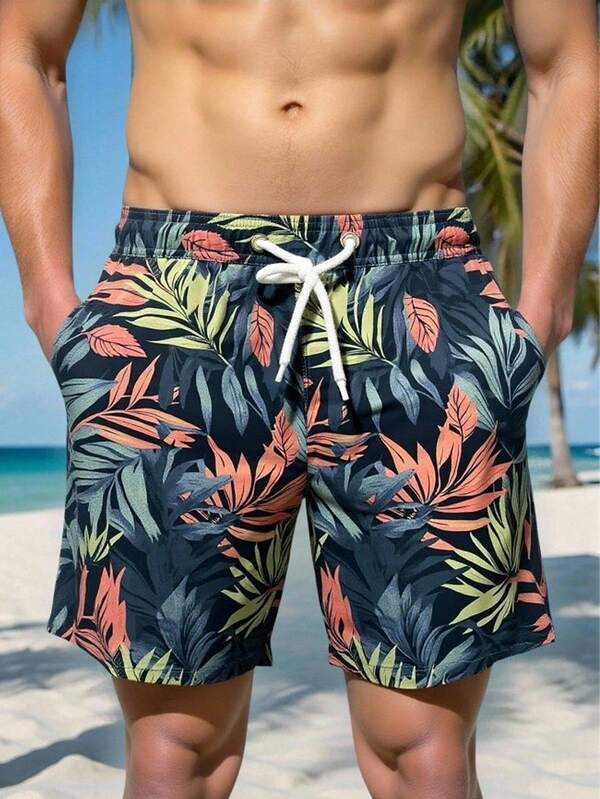 Manfinity Swimmode Pantalones cortos casuales de playa con estampado de plantas, cintura con cordón y bolsillos para hombres