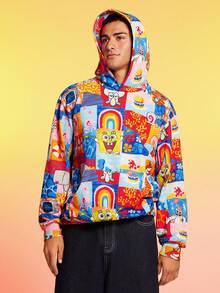 SpongeBob SquarePants | SHEIN 男士休闲卡通拼布印花口袋连帽衫，春秋季 - 彩色 - 查看 1