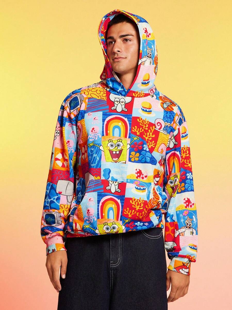SpongeBob SquarePants | SHEIN 男士休闲卡通拼布印花口袋连帽衫，春秋季 - 彩色 - 查看 1