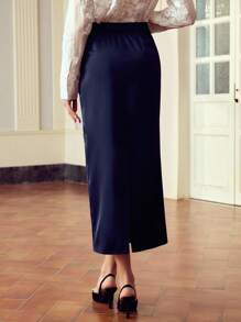 ZEYLAH Jupe élégante de navetteur bleue avec broderie de sequins - Bleu marine - Voir 3