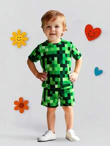 SHEIN 男孩两件套：全身印花短袖T恤和短裤