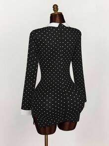 Y2K Amplova Polka Dot Top Women's Wednesday Contrast Color Collar Long Sleeve Shirt Collar Fashionable Mini Dress Halloween Dress - Black - View 2