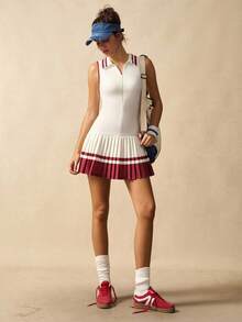 VARSIVA 女式条纹褶皱下摆拉链半开襟无袖运动连衣裙 - 紅白色 - 查看 3