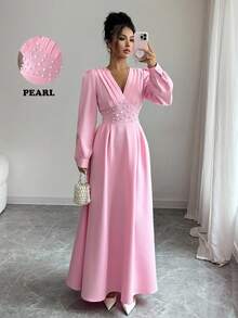 Elenzga Robe élégante à manches longues, col en V, manches bouffantes et perles, couleur unie pour femmes