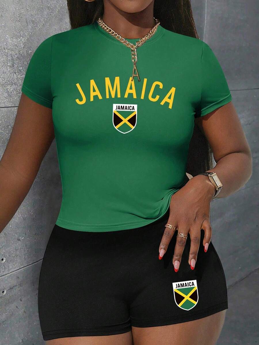 Flirla 大碼時尚歐洲杯牙買加字母印花休閒短袖T恤和短褲套裝