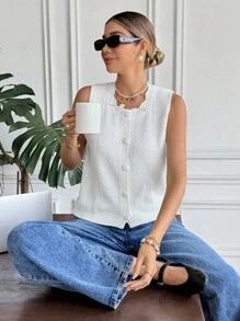 SHEIN Frenchy Damen Mode Lässig Elegant Knopf Strickweste - Aprikosenfarben - Übersicht 3