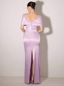 Poshira 女士不对称领口荷叶边优雅鸡尾酒会礼服，带有 3D 花卉装饰 - 紫色 - 查看 3