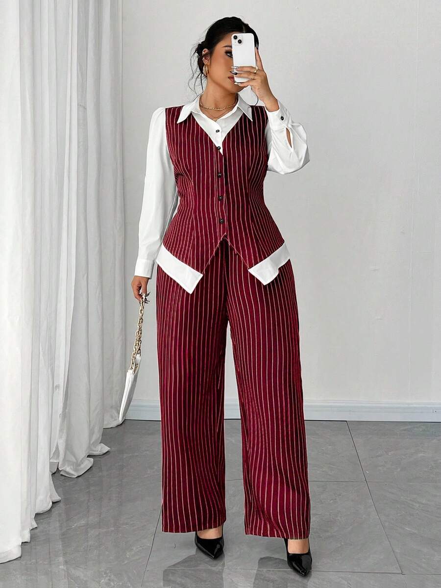 Elenzga Plus Size Women's Button Striped Patchwork Contrast Color Shirt And Striped Pants Elegant Commuter 2 Pieces Set Fall Cloth For Women - Red - View 1