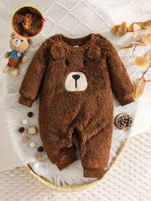 SHEIN Pelele de manga larga con cuello redondo, de tela esponjosa con bordado de oso de dibujos animados, para niños pequeños, adecuado para uso diario, interior y exterior, otoño/invierno