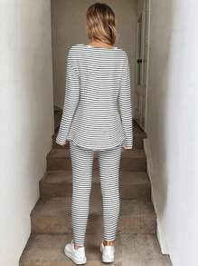 SHEIN LUNE Bộ 2 món áo thun dài tay kẻ sọc đen trắng và quần legging cho nữ, Thu/Đông - Nhiều màu - Xem 6
