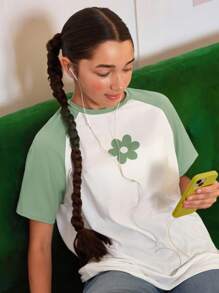 SHEIN Leap Crew Teen Girl Gray Green White,Flower Print,Round Neck Contrast Color Raglan Sleeves, Casual T-Shirt,Oversize - Mint Green - View 8
