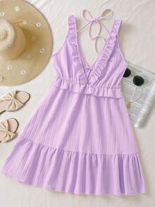 Arcane Artistry Women's Ruffle Strap Minimalist Casual Mini Dress, Light Yellow, Suitable For Summer Vacation - Mauve Purple - View 2