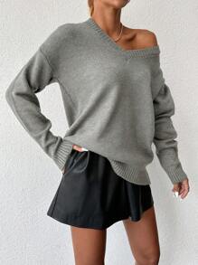 EURMUSE Cổ v Thả vai Áo len - Xám - Xem 5