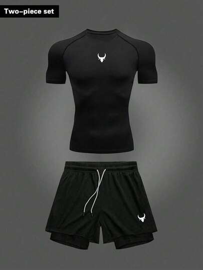 Manfinity Sport Corelite Men's Sports Casual Fitness Short Sleeve T-Shirt & 2-In-1 Shorts Gym Set Gym Set Workout Set Compression Shirt Men