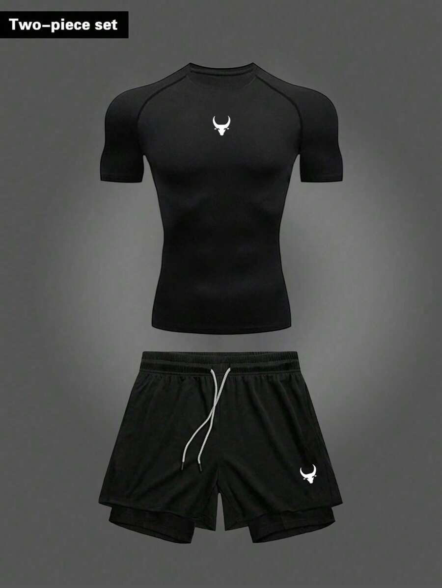 RISE LYT Set Pakaian Olahraga Pria Kasual, Set Gym, Set Latihan, Set Kompresi, Ringan - Hitam - View 1