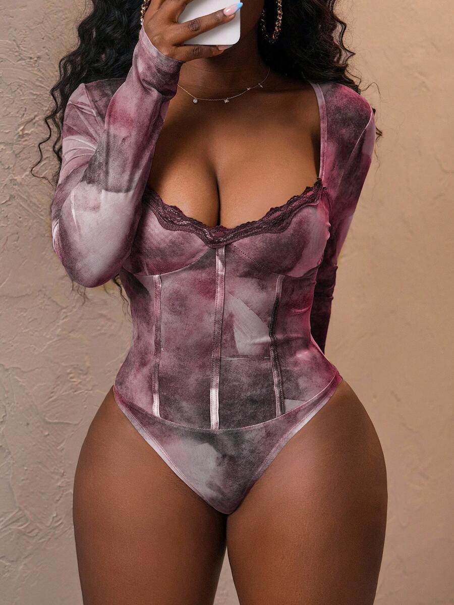 Slaydiva 新款优雅休闲方领蕾丝装饰渐变图案印花长袖女式连体衣，秋季女装 - 紫色 - 查看 1