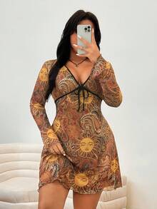 SHEIN EZwear 加大码向日葵印花休闲度假连衣裙，初秋女士太阳裙 - 彩色 - 查看 5