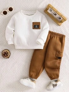 2件套男婴休闲白色长袖卫衣和松紧腰运动裤套装，男女通用婴儿服装，男婴冬季服装，男婴休闲套装，男婴服装套装，男婴冬季套装，男婴秋季套装 - 彩色 - 查看 3