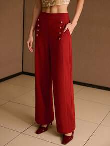 MOTF PREMIUM SOLID SLANT POCKET GOLD BUTTON DETAIL STRAIGHT LEG PANTS - Redwood - View 5