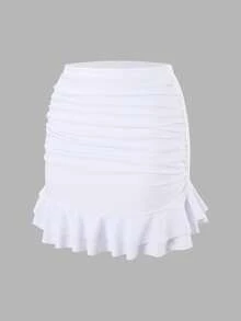 Swim Mod 女式纯色褶皱荷叶边下摆裙比基尼泳裤 - 白色 - 查看 5