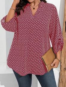 SHEIN Plus Size Casual Commuter All-Over Print Notch Collar Shirt - Burgundy - View 4