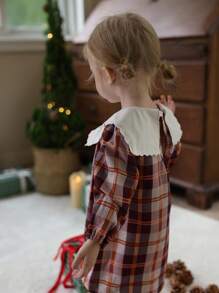SHEIN Babygirl Baby GirlAutumn Embroidered Big Collar Long Sleeve Fashionable Checkered Dress, Suitable For Camping Or Attending Friends' Birthday Parties In Mild Autumn Weather - Brown - View 2