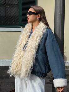 DAZY Patchwork Fur Collar Loose Fit Thick Casual Street Wear Padded Coat, Autumn/Winter Jacket - Blue - View 4