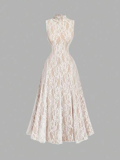 SHEIN MOD Stand Collar Flare Apricot Lace Elegant Dress Vintage