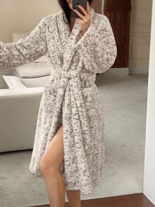 DAZY Women's Leopard Print Mid-Length Lapel Collar Flannel Robe, Winter, Fall Fluffy Pajama, Cozy - Beige - View 4