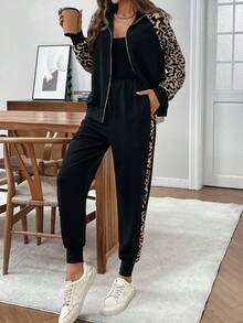 EMERY ROSE Conjunto de top de manga larga y pantalones de 2 piezas con parches de estampado sólido y de leopardo para mujer - Multicolor - Ver 3