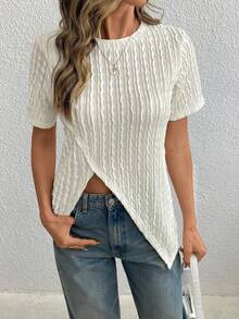 SHEIN LUNE Camiseta de manga corta de verano para mujer, de unicolor, con textura y bajo asimétrico, de estilo casual - Albaricoque - Ver 5