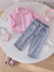 SHEIN Playful Pals Baby Girls' Spring/Autumn Striped Long Sleeve Shirt 2 Pieces Set With Loose Light Blue Denim Pants, Sweet Casual Outfit, Versatile For Daily Wear And Outings,Back To School Clothes Fall Winter