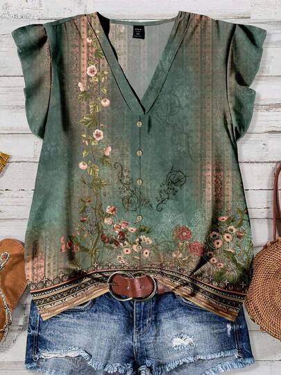 SHEIN LUNE Women's Casual Floral Print Shirt, Suitable For Summer Suitable For Going Out