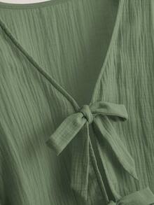 CosyJoli Plus Size Casual V-Neck Long Sleeve Shirt With Tie-Up, Floral Lace Patchwork Texture,Slightly Sheer,Fall Clothes For Women - Green - View 5