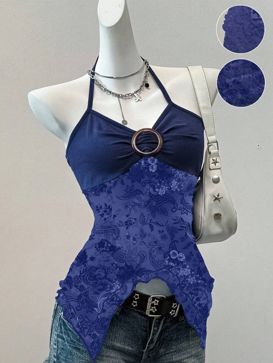 SHEIN EZwear 蓝色复古花卉图案女式吊带背心,适合夏季 - 藍色 - 查看 1