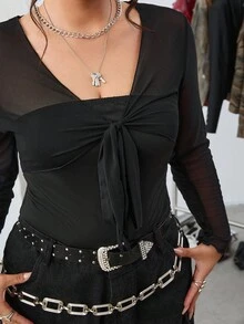 SHEIN EZwear 大码纯色简约长袖紧身衣，日常穿着 - 黑色 - 查看 5