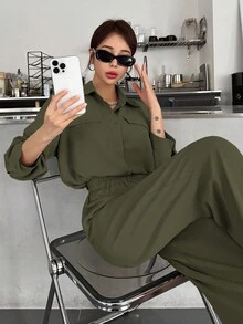 DAZY 女士休闲纯色长袖衬衫长裤两件套，秋季女士家居服套装 - 綠色 - 查看 5