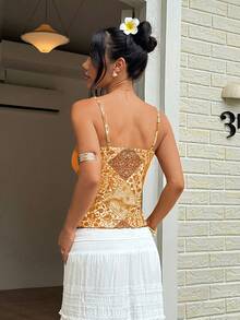 Sunnyshic Áo hai dây ren họa tiết Paisley cổ điển thường ngày dành cho kỳ nghỉ hè của phụ nữ - Màu vàng - Xem 2