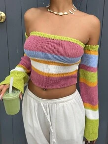 SHEIN Unity 性感拼色露肩女式毛衣 - 彩色 - 查看 3