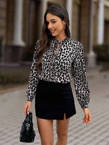 EMERY ROSE Women's Elegant Leopard Print Twist Collar Lantern Sleeve Blouse, Fashionable For Work, Spring/Autumn Fall Cloth For Women - Multicolor - View 5