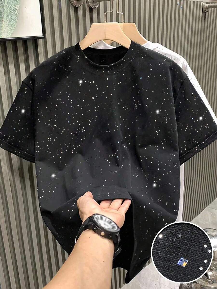 Manfinity Homme Plus Size Men's Shiny Round Neck Short Sleeve Casual Loose T-Shirt, Summer, Grunge Style