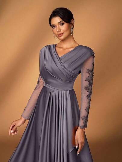 Serin Women's Elegant Luxurious Satin Patchwork Mesh Draped Neck Pleated Ruffle Collar Luxury Applique Design A-Line Asymmetric Ruffle Hem Dress, Suitable For Wedding, Party, Formal Event, Date, Vacation, Music Festival, Prom, Mother Of The Bride Dress, Valentine's Day