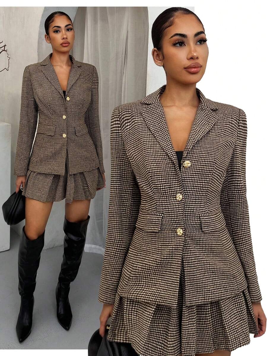 SHEIN SXY Houndstooth Elegant Vintage Jacket & Pleated Skirt Suit,Fall Women Clothes,Winter Clothes For Women,Business Casual Woman,Office Outfits For Women,Lounge Sets For Women,Work Outfits For Women,Work Clothes Women,Plaid Skirt,Festival Outfits For Women,Classy Outfits For Women,Going Out Outfits