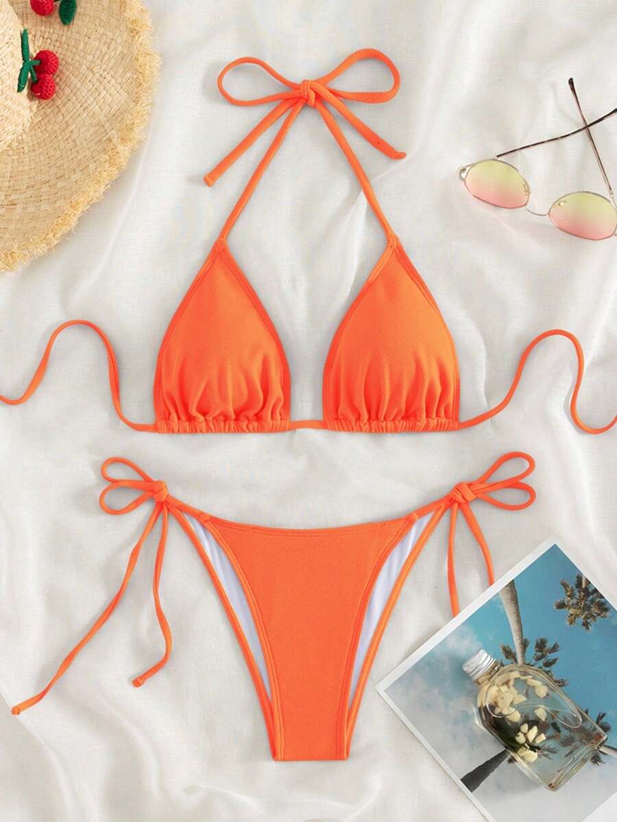 Swim Basics 2026 Spring/Summer Orange Special Fabric Women's Swimsuit, Spaghetti Strap Halter Solid Color Sexy Side Tie Bikini Bottom Two-Piece Swimwear - Orange - View 1