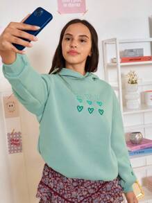 SHEIN Teen Girl's Casual Oversized Sweatshirt With Sweet Heart Embroidery, Gray-Green,In Fall/Winter - Green - View 11