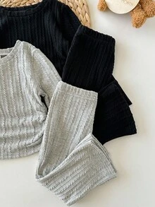 SHEIN 4pcs Babygirl Casual Cute Solid Color Long Sleeve Top And Pants Set - Multicolor - View 5